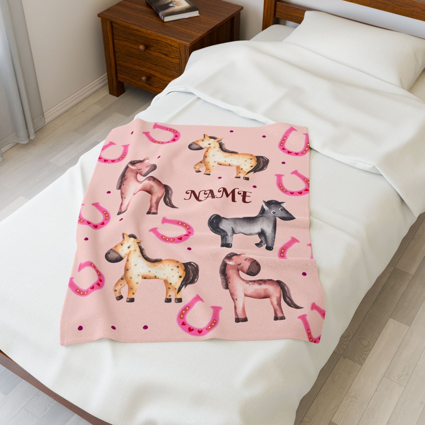 Personalized Horse-Themed Velveteen Plush Blanket, Cozy Nursery Décor, Gifts for Kids, Horse Lover's Gift, Animal Lover Blanket