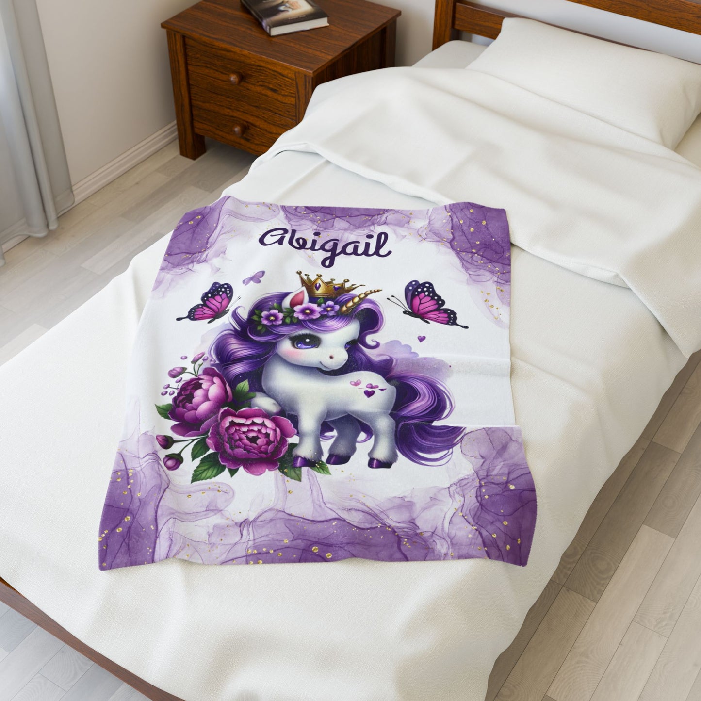 Personalized Unicorn Velveteen Plush Blanket, Cozy Kids Blanket, Birthday Gift, Nursery Decor, Soft Throw Blanket
