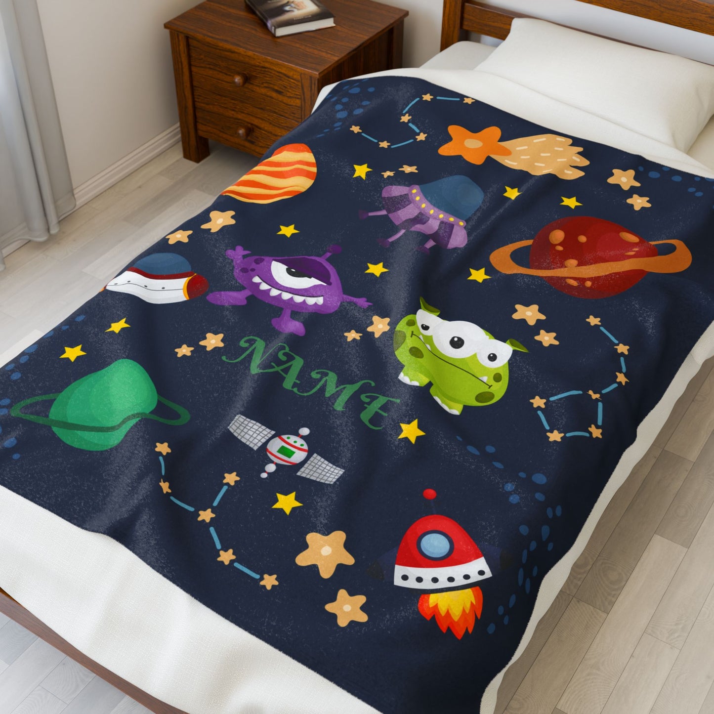 Cosmic Monsters Plush Blanket, Personalized Space Blanket, Kids Bedroom Decor, Gift for Space Lovers, Soft and Cozy Throw