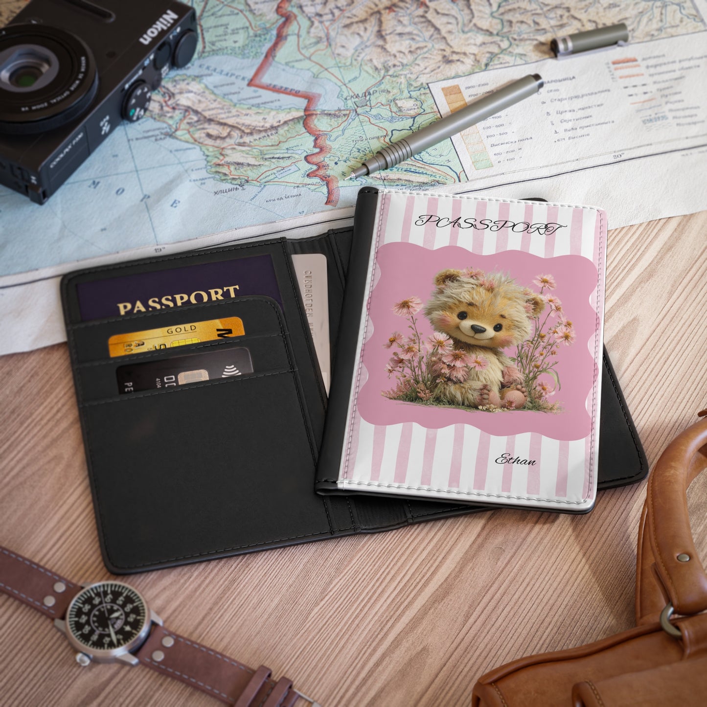 Cute Teddy Passport Cover – Pink Floral Travel Passport Holder