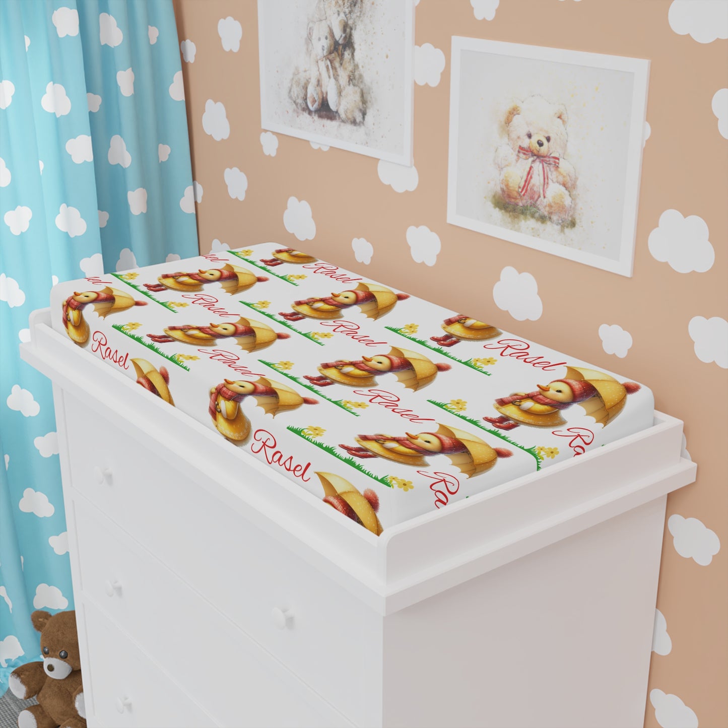 Changing Pad Cover — Cute Baby Chick with Straw Hat Personalized Name Option