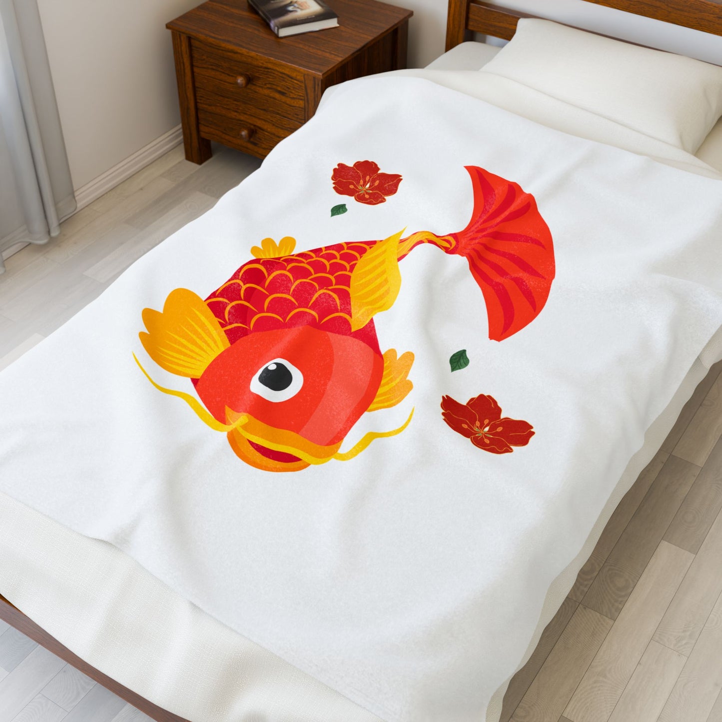 Goldfish with flowing fins and red blossoms Velveteen Plush Blanket