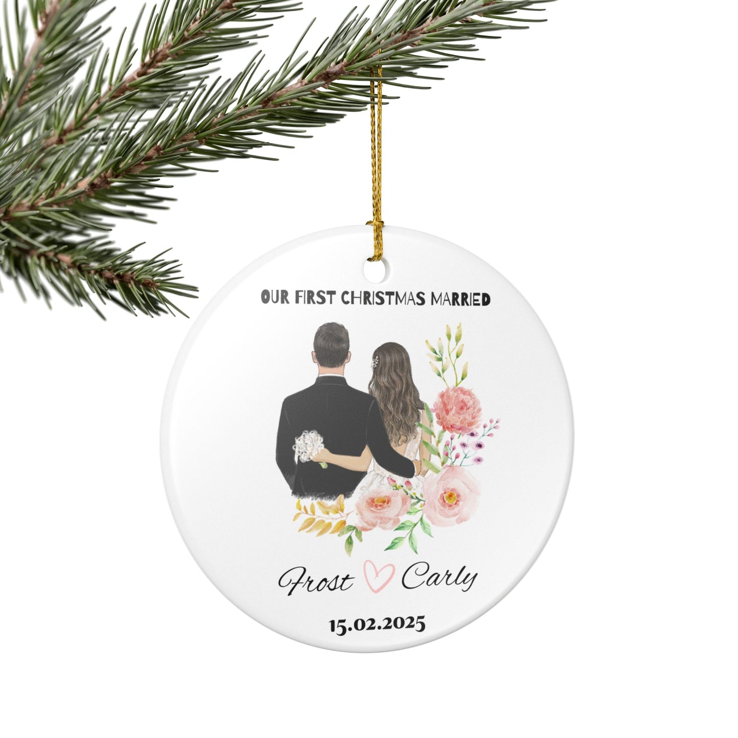 Personalized Wedding Ornament, First Christmas Married Decoration, Newlywed Gift, Couple Keepsake, Floral Holiday Decor