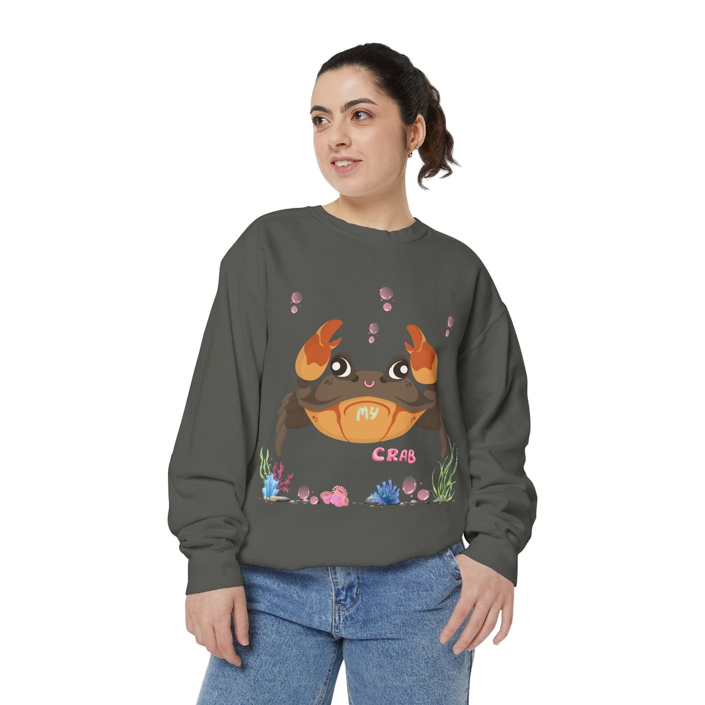 Crab with subtle bubbles and underwater flora Unisex Garment-Dyed Sweatshirt