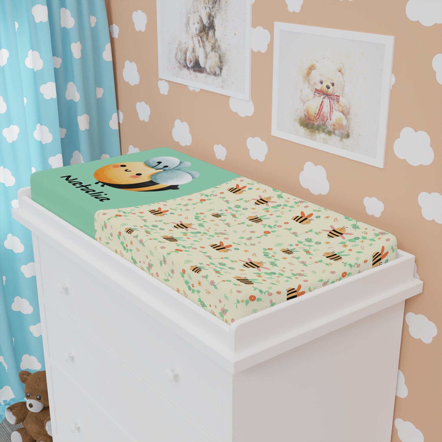Bee Baby Changing Pad Cover — Personalized Nursery Changing Mat with Cute Bumblebee Pattern