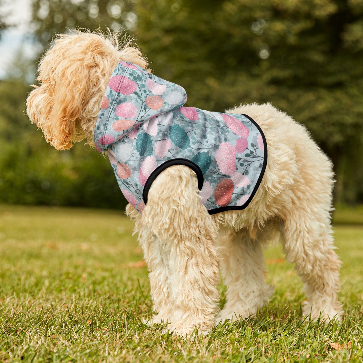 Dog Hoodie – Pastel Floral Pattern Pet Hoodie (Pink & Teal)