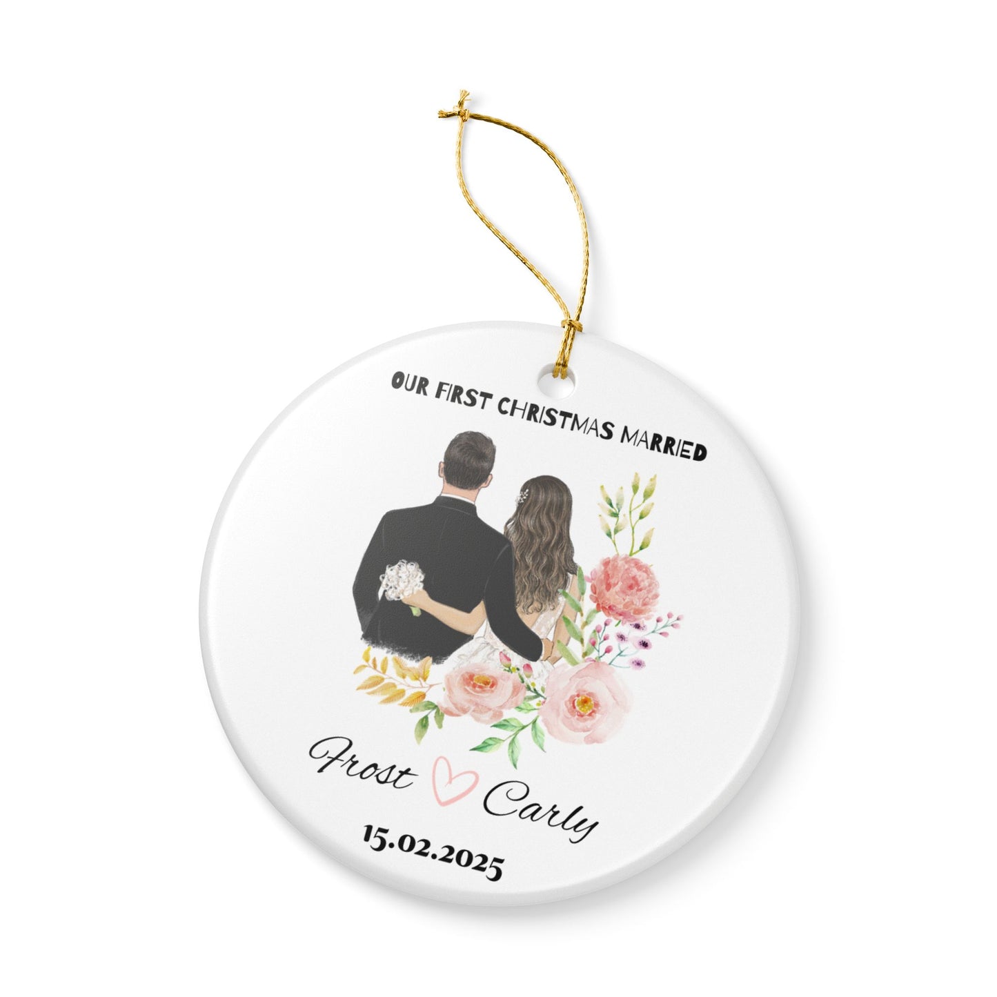 Personalized Wedding Ornament, First Christmas Married Decoration, Newlywed Gift, Couple Keepsake, Floral Holiday Decor