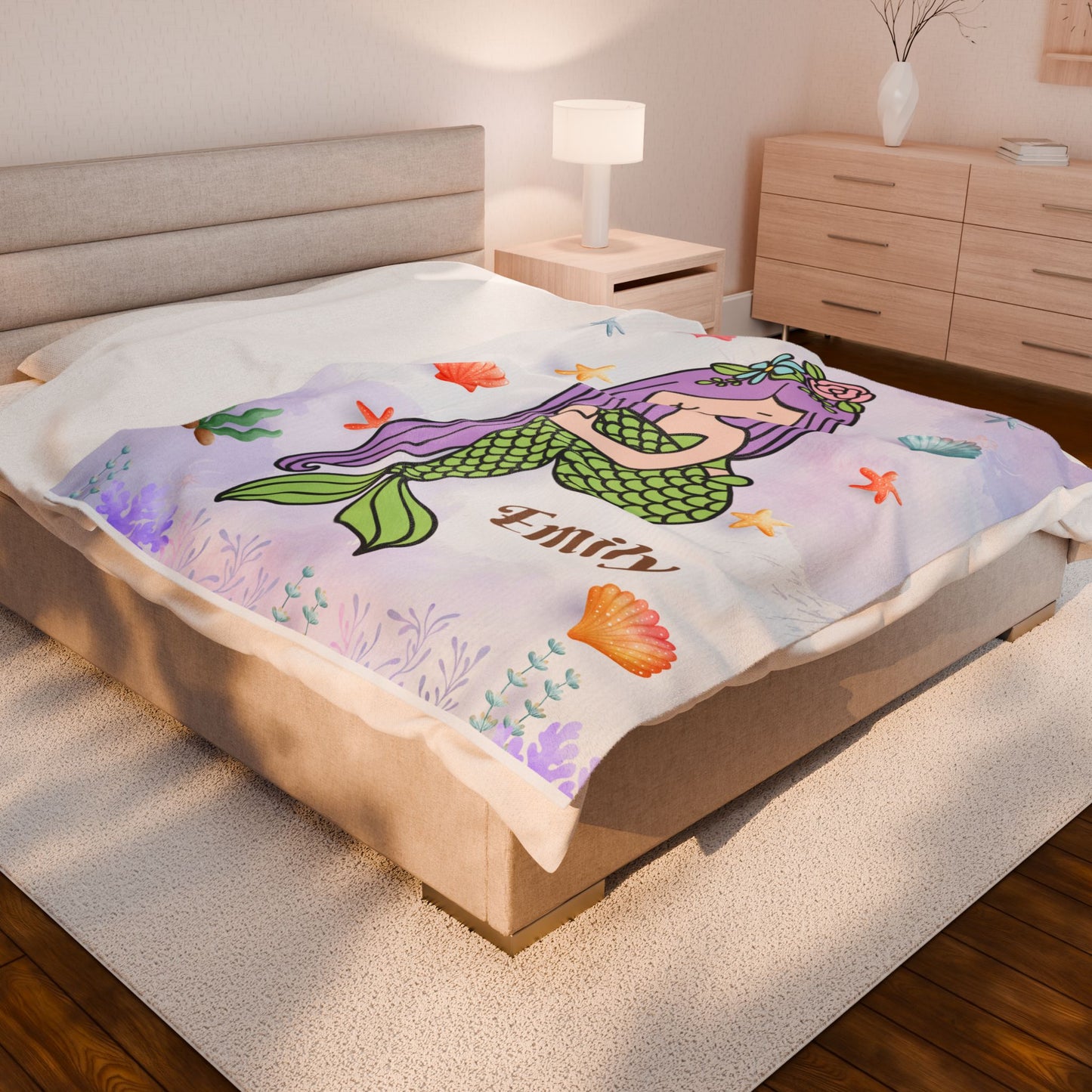 Mermaid Plush Blanket, Kids Throw Blanket, Personalized Blanket, Cozy Home Decor, Gift for Girls