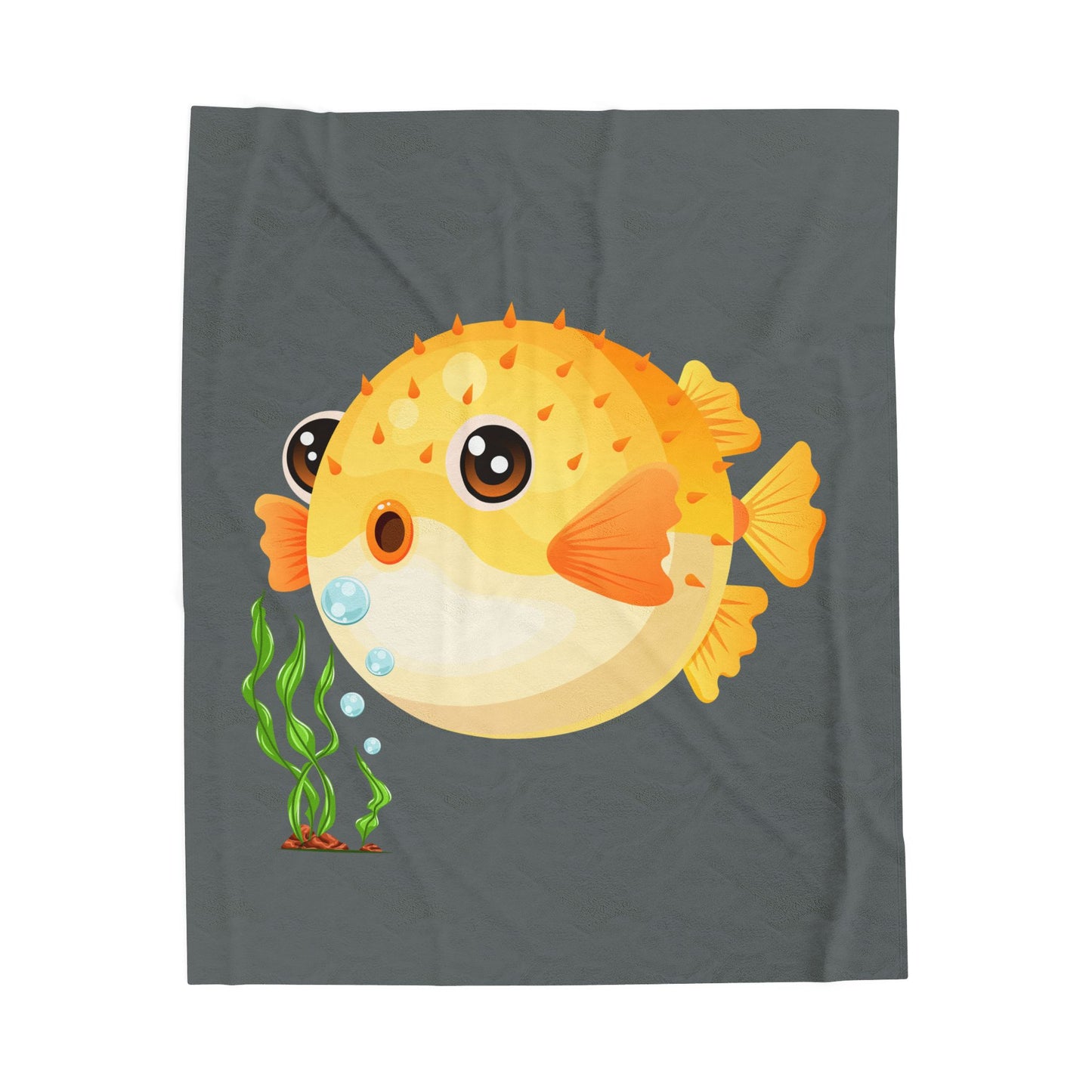 Cartoon Pufferfish with seaweed Velveteen Plush Blanket