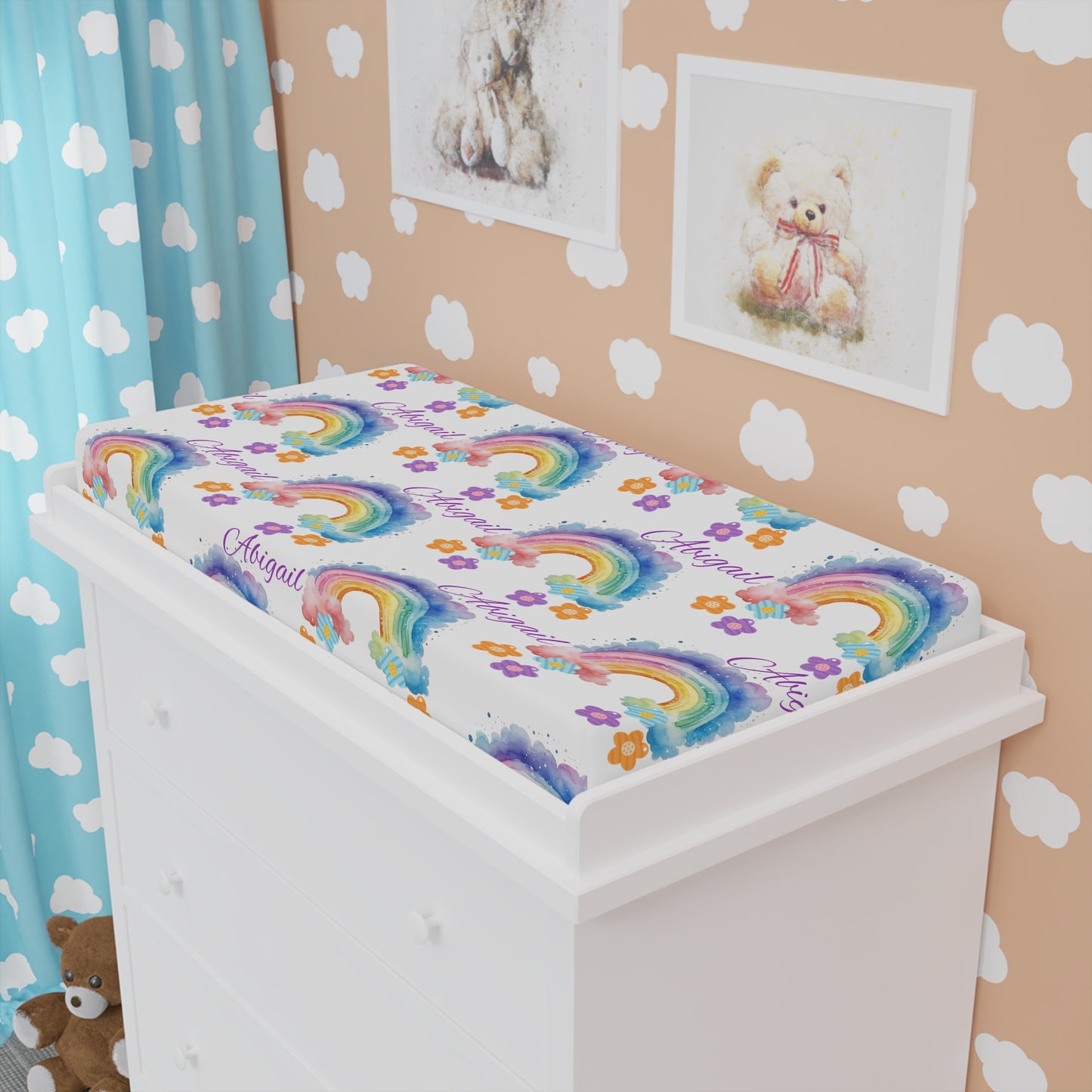 Baby Changing Pad Cover — Watercolor Rainbow Floral Pattern (Personalized Name Option)