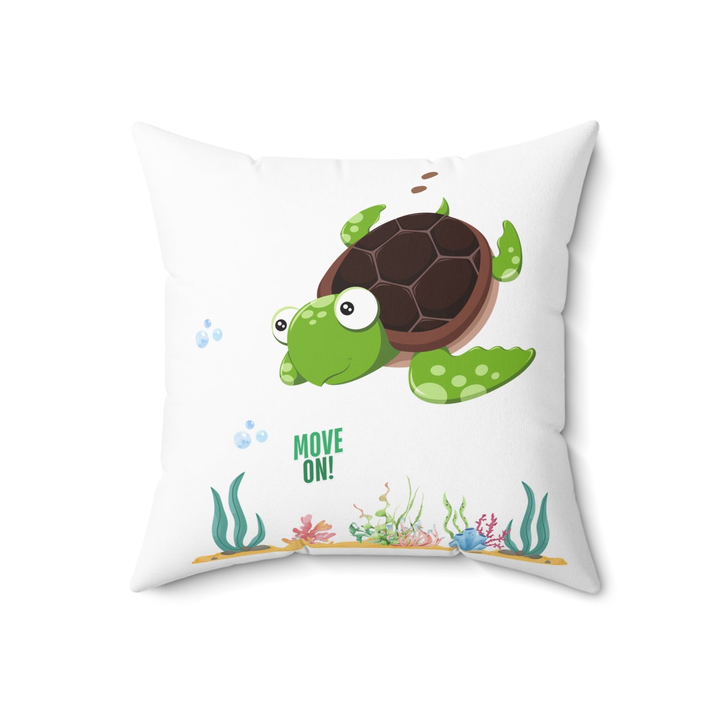 Turtle with seaweed and bubble Spun Polyester Square Pillow