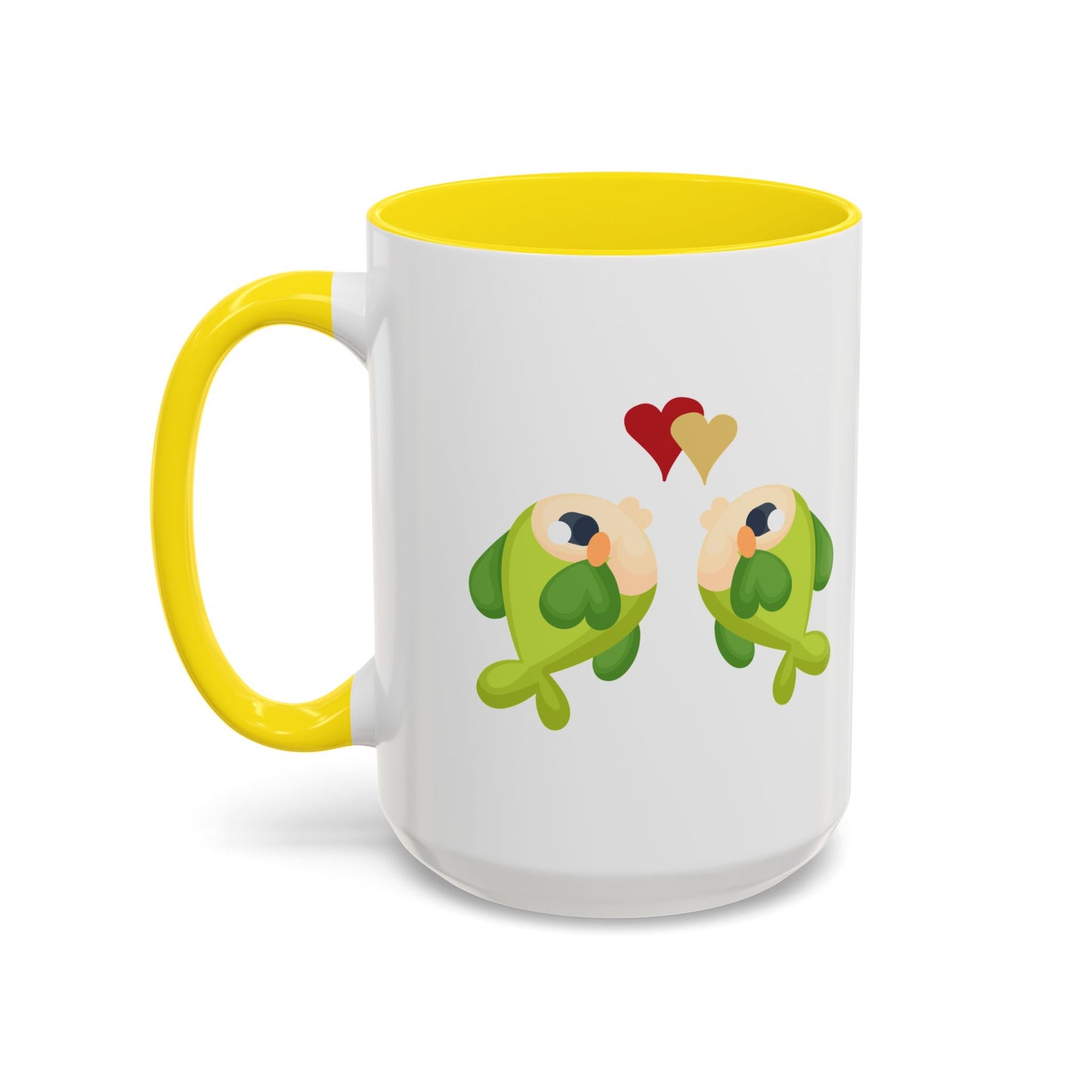Two hearts float between the fish one red and one yellow. Coffee Mug