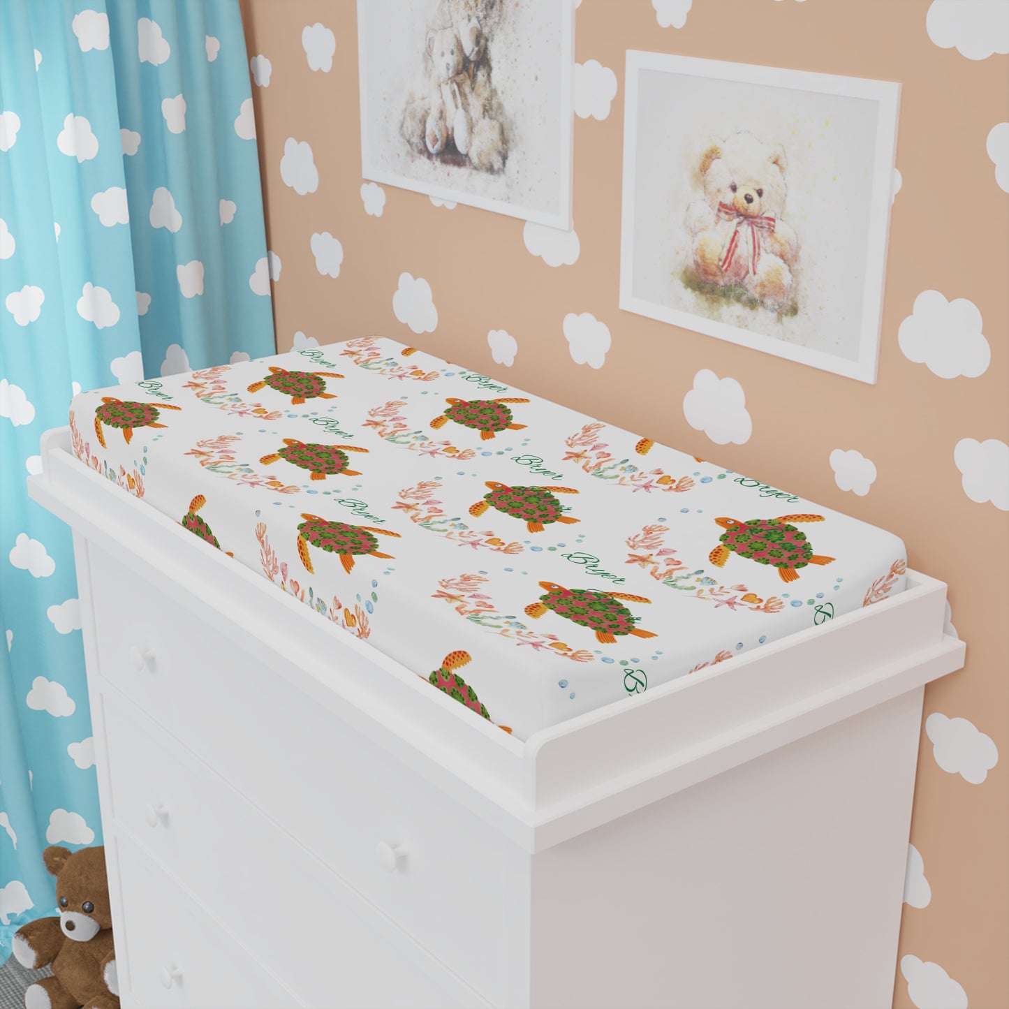 Baby Changing Pad Cover — Floral Sea Turtle Nursery Design