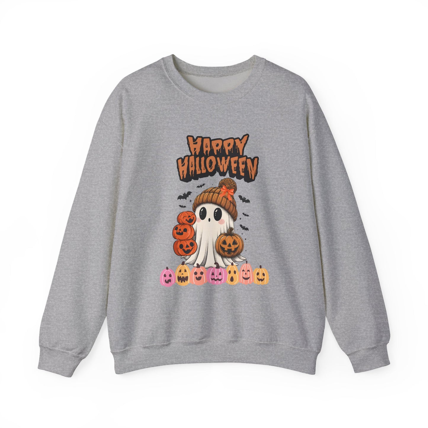 Cozy Halloween Sweatshirt, Unisex Crewneck with Ghost & Pumpkin Design, Fall Fashion, October Gifts, Spooky Season Apparel