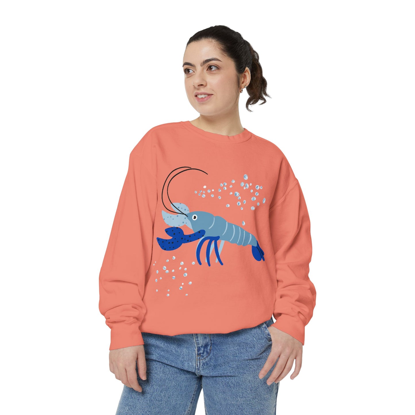 Blue shrimp with dark blue claws and bubbles Unisex Garment-Dyed Sweatshirt