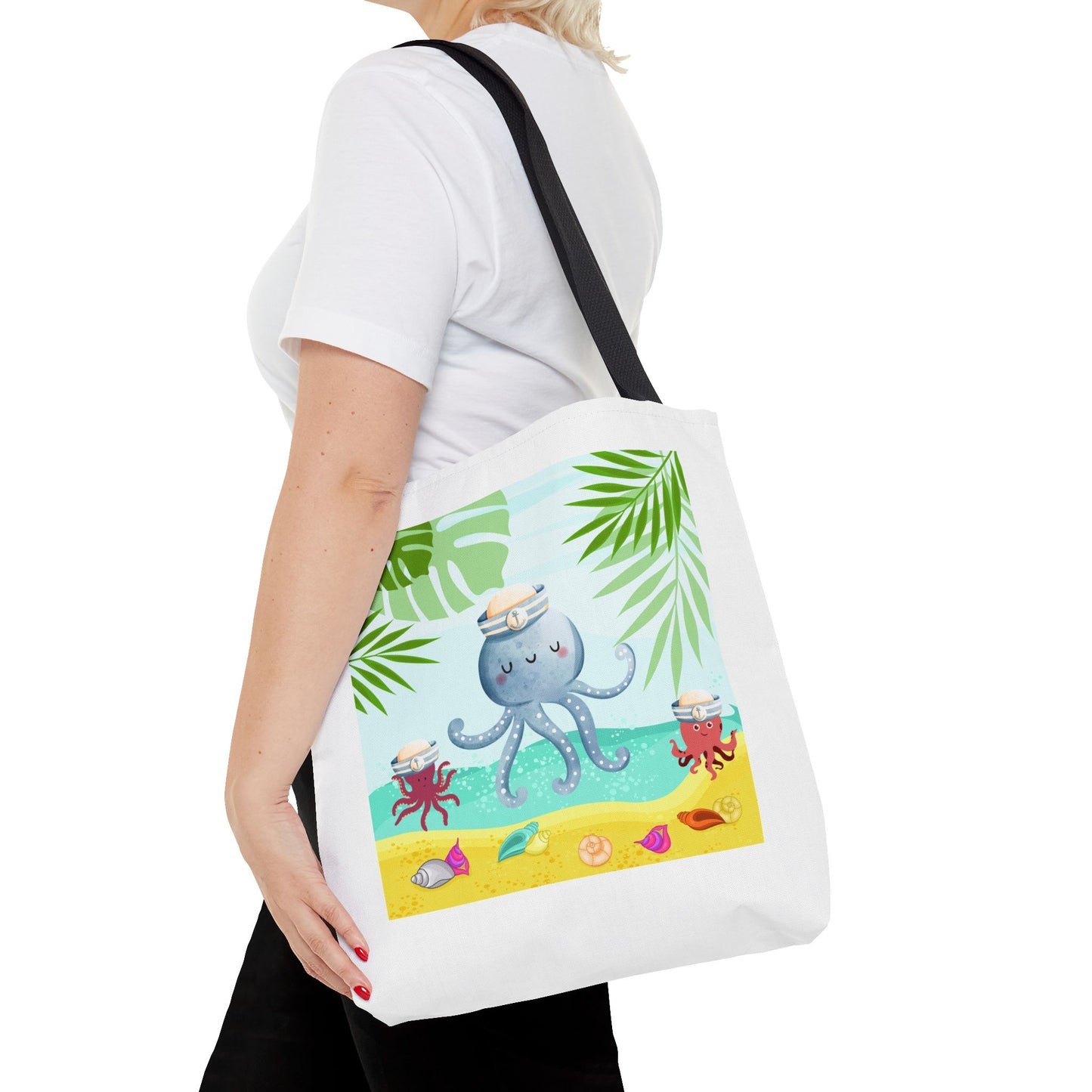 Octopus on a beach scene with tropical Tote Bag