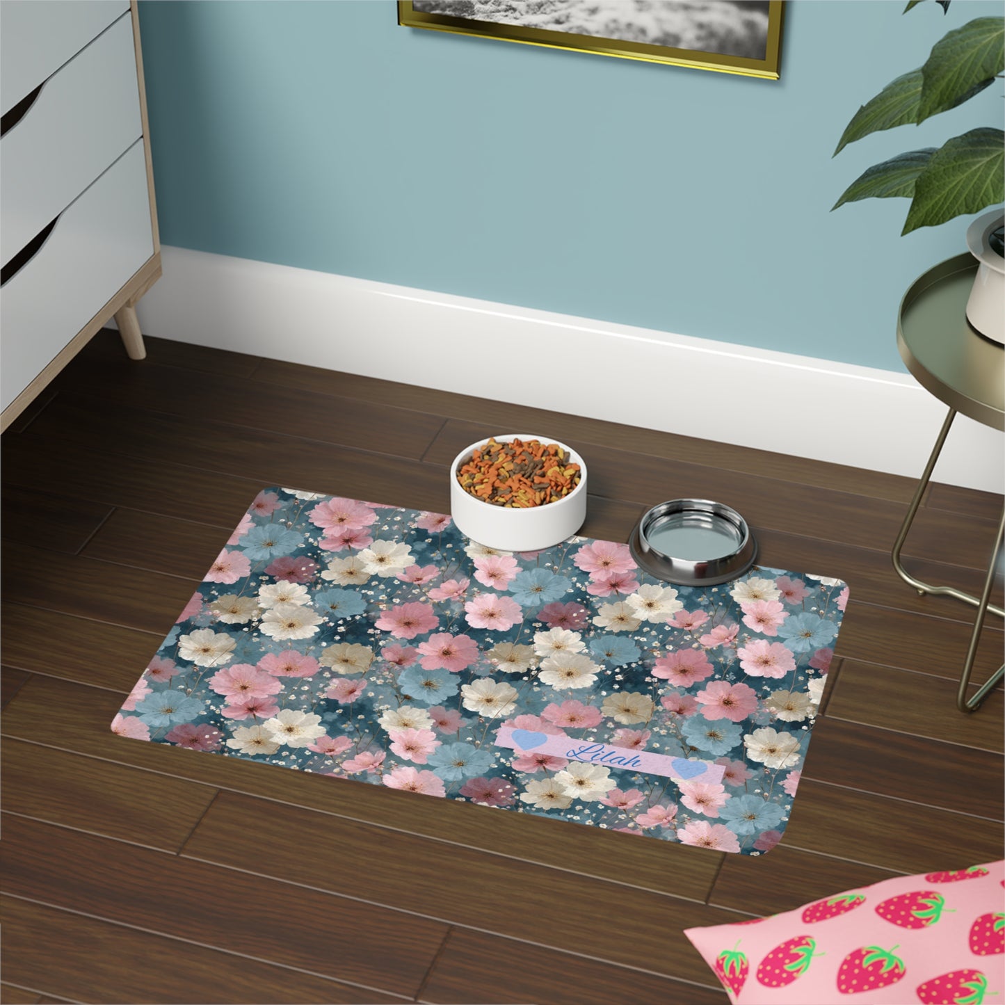 Floral Personalized Pet Food Mat (12x18) — Blue Pink Blossom Feeding Mat