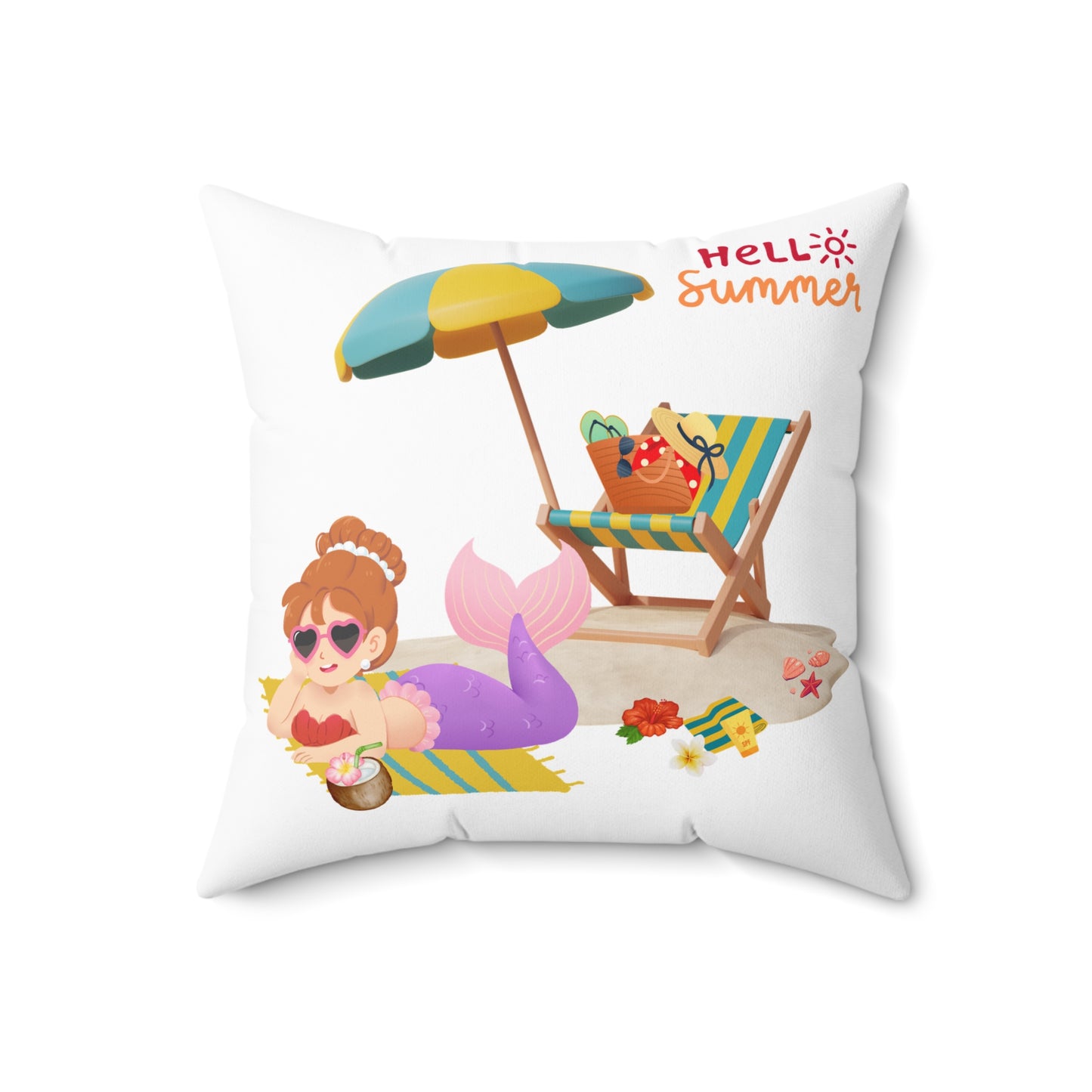 Mermaid lounging on a beach towel Spun Polyester Square Pillow