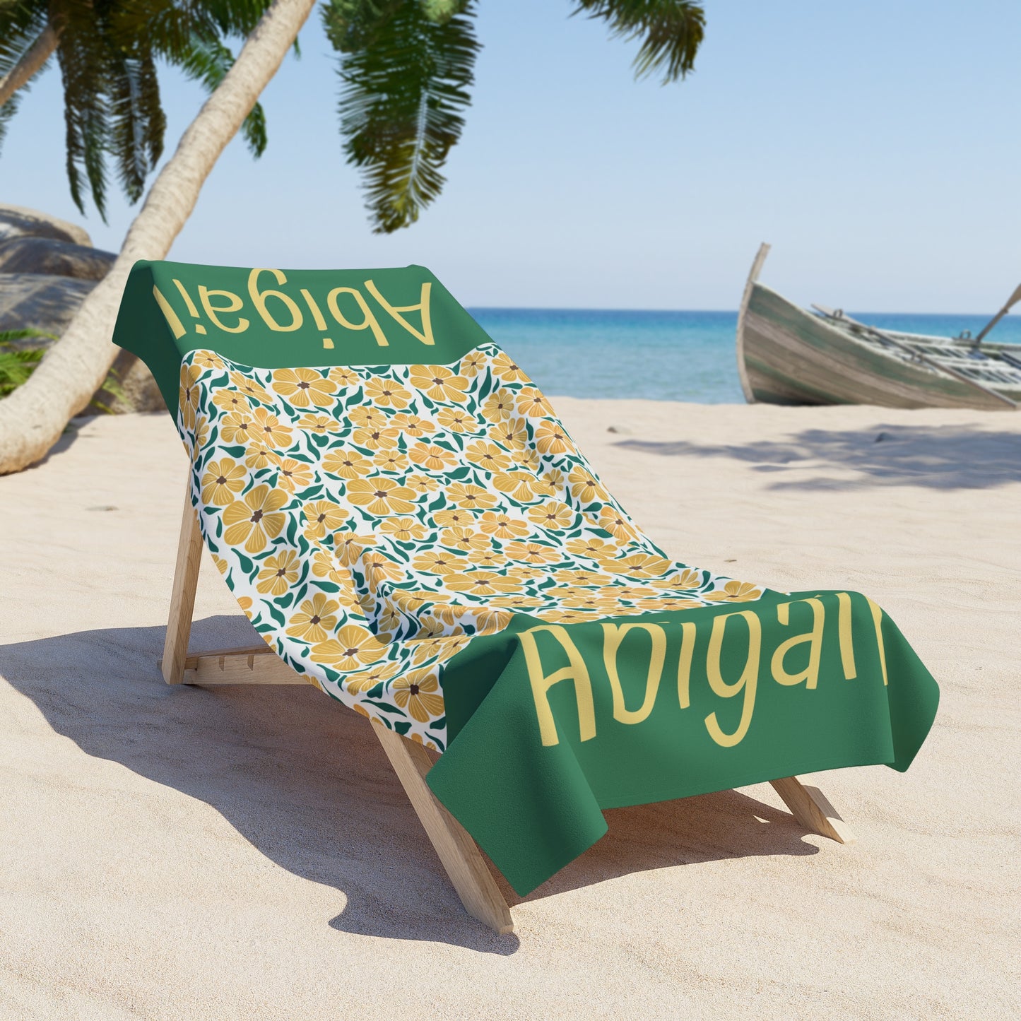 Personalized Floral Beach Towel — Custom Name Abigail, Yellow Hibiscus Pattern
