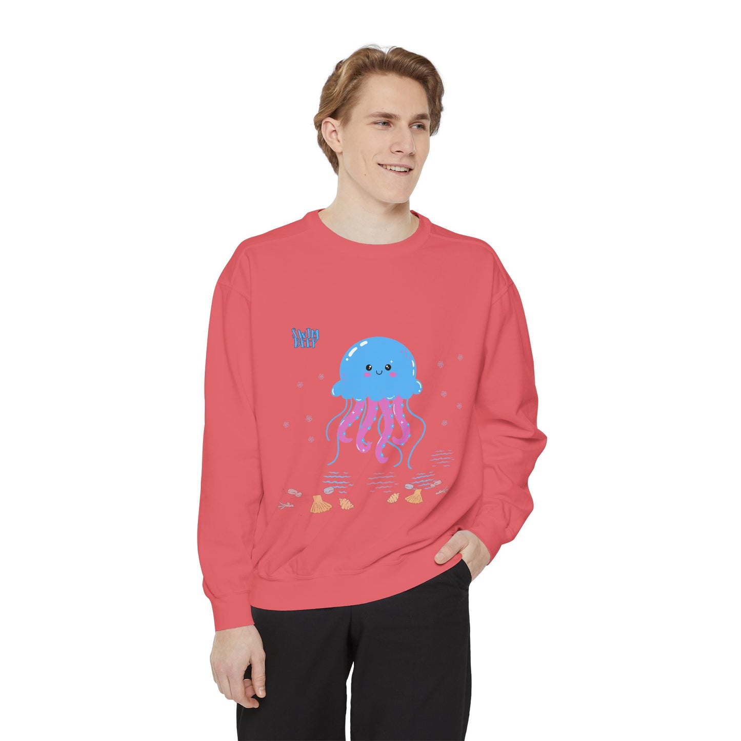 Blue jellyfish with pink tentacles Unisex Garment-Dyed Sweatshirt