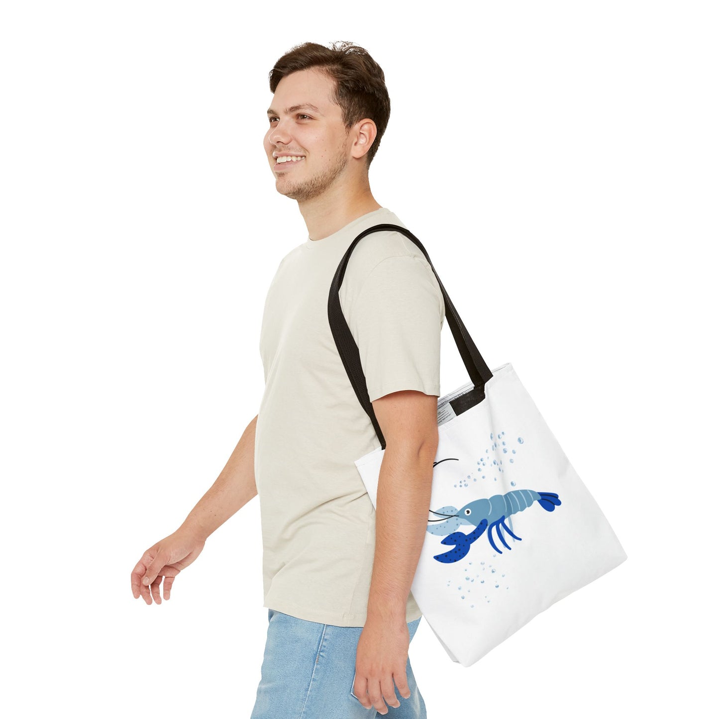 Blue shrimp with dark blue claws and bubbles Tote Bag