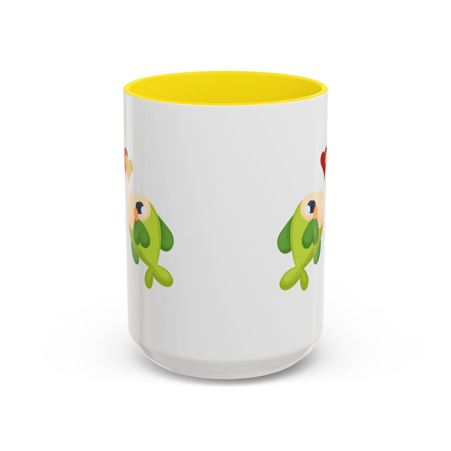 Two hearts float between the fish one red and one yellow. Coffee Mug