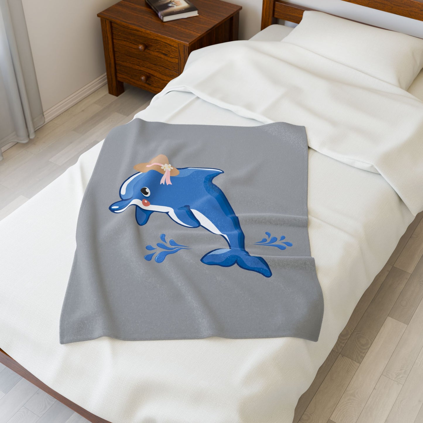 Dolphin wearing a straw hat with stylized water splashes Velveteen Plush Blanket