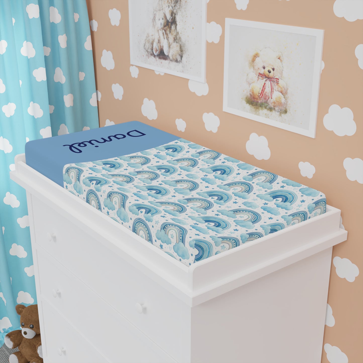 Blue Watercolor Rainbows Baby Changing Pad Cover — Personalized Name Option