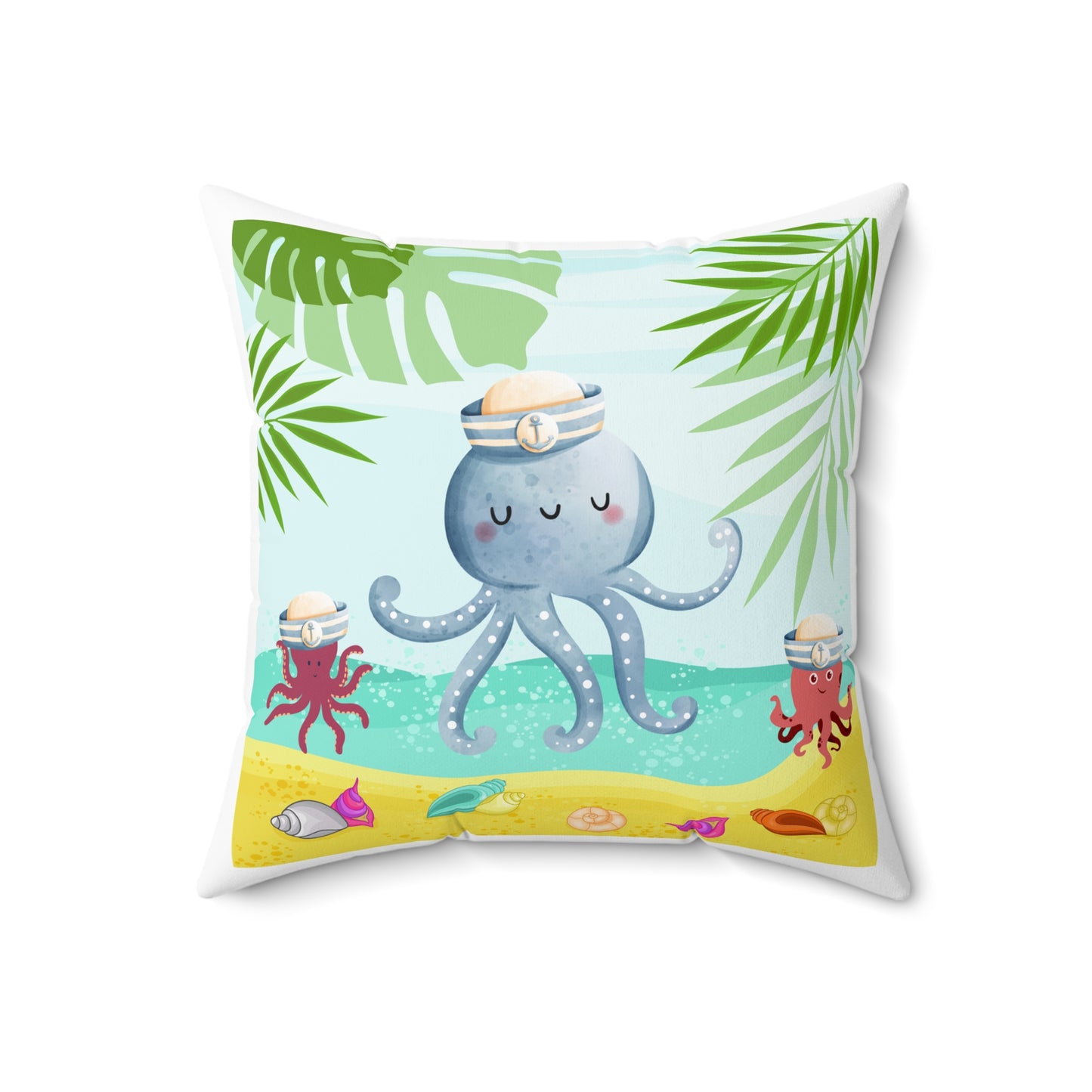 Octopus on a beach scene with tropical Spun Polyester Square Pillow