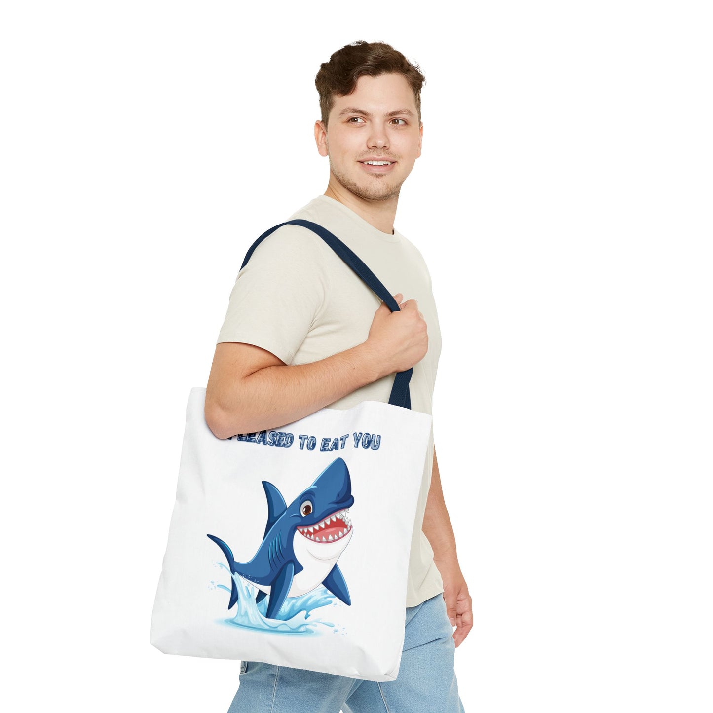 Humorous cartoon shark with threatening text Tote Bag