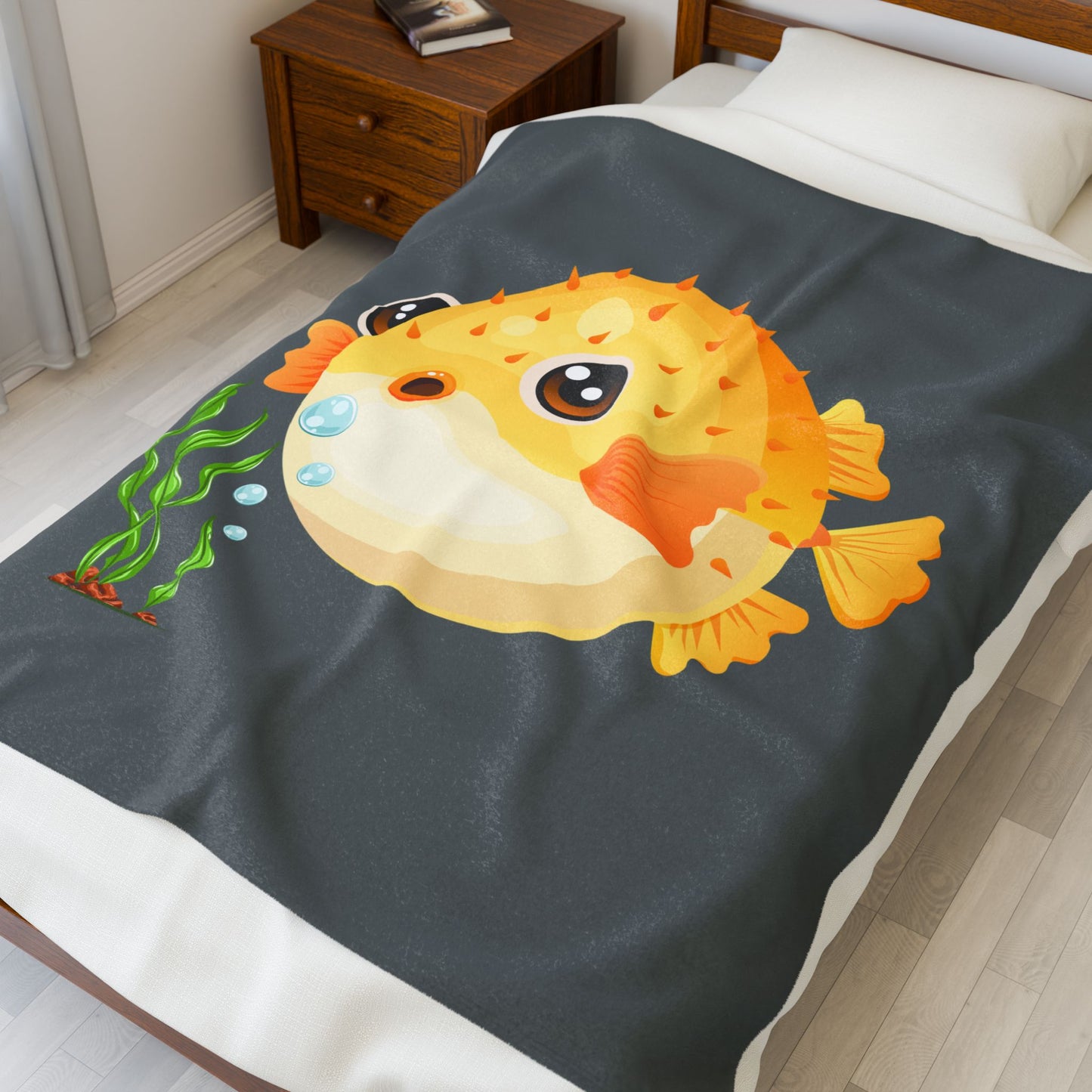 Cartoon Pufferfish with seaweed Velveteen Plush Blanket