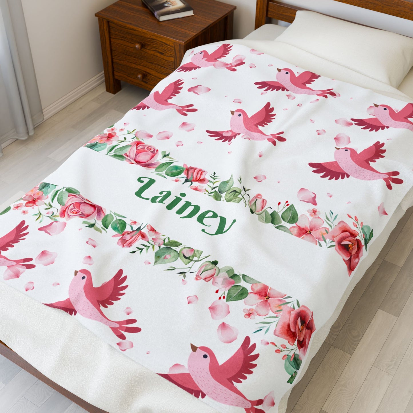 Personalized Floral Bird Plush Blanket, Cozy Blanket, Gift for Her, Nursery Decor, Baby Shower, Kids Room, Warm Throw