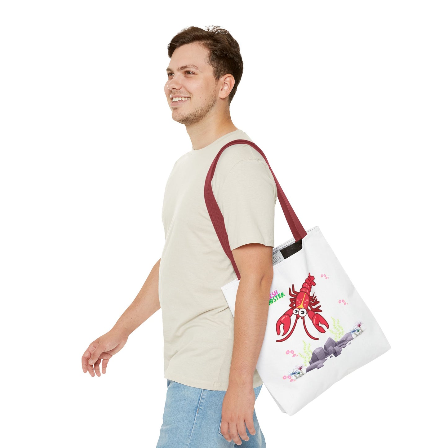 Friendly red lobster big eyes and yellow strip Tote Bag