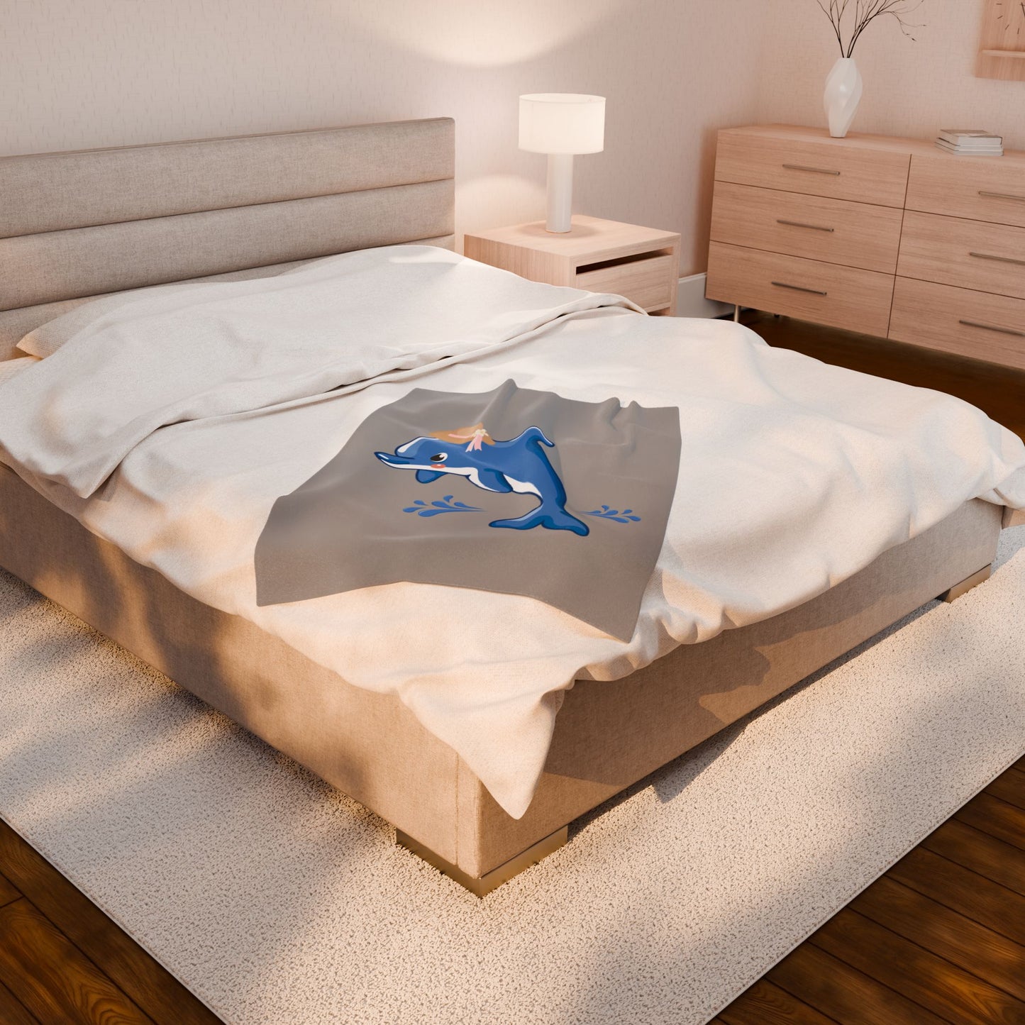 Dolphin wearing a straw hat with stylized water splashes Velveteen Plush Blanket