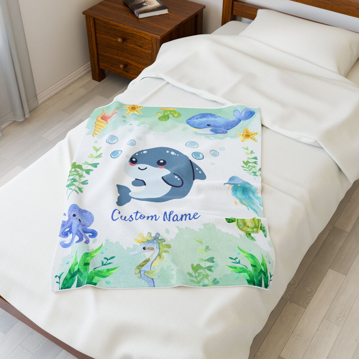 Customizable Velveteen Plush Blanket with Cute Marine Design, Ideal for Kids' Rooms, Gifts for Birthdays, Showers, and Holidays, Cozy Decor