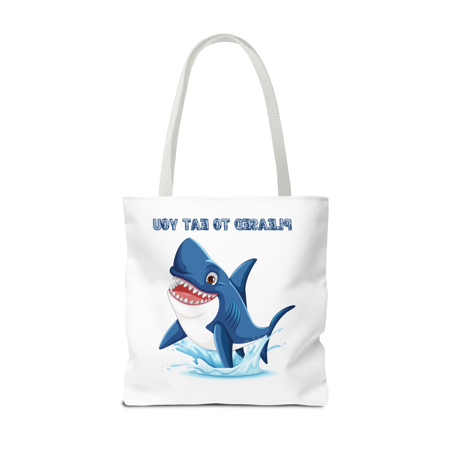 Humorous cartoon shark with threatening text Tote Bag