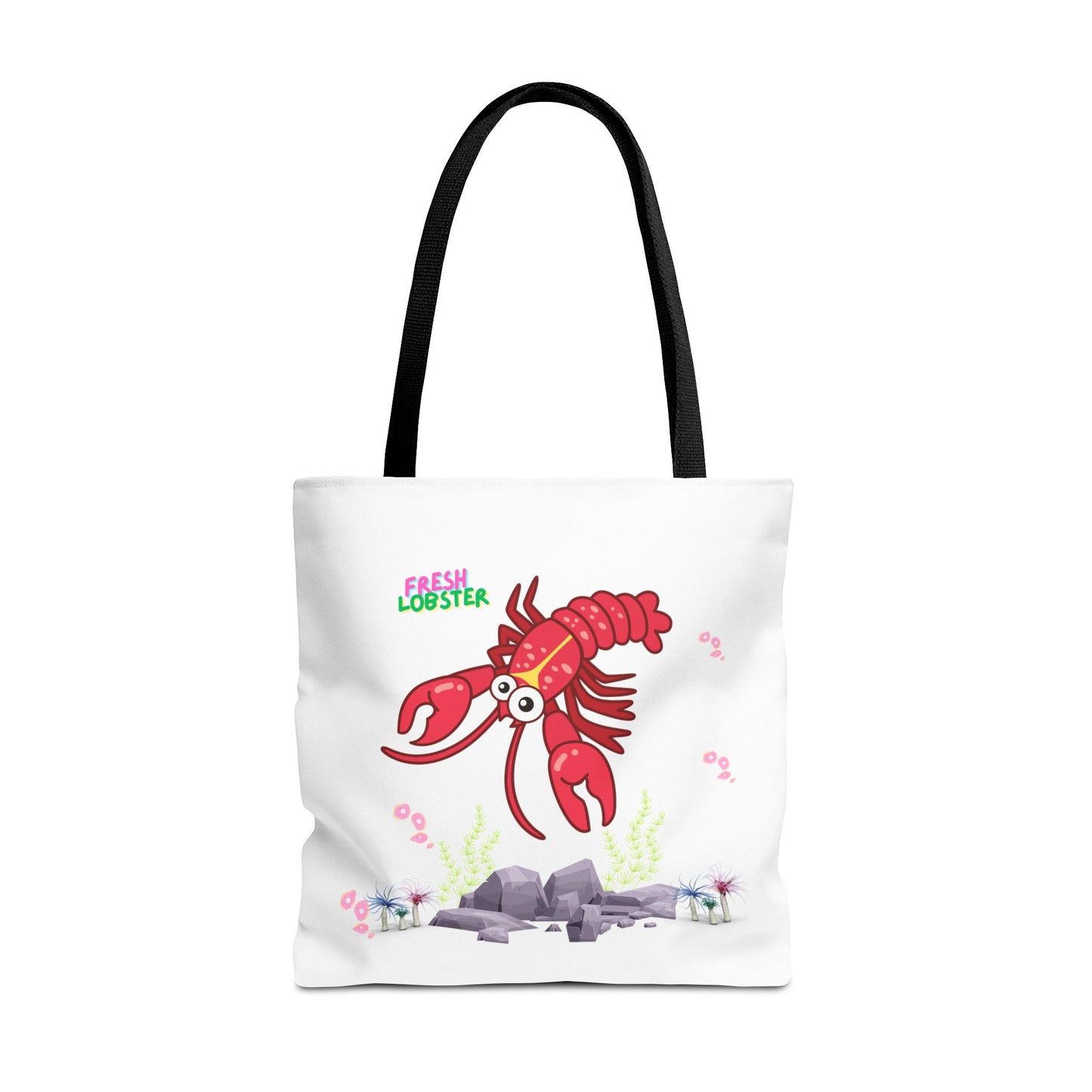 Friendly red lobster big eyes and yellow strip Tote Bag