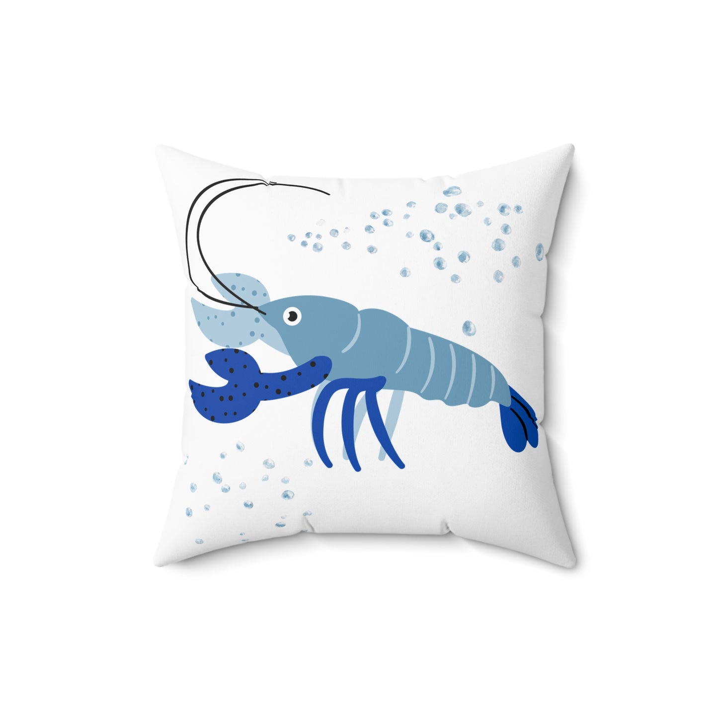 Blue shrimp with dark blue claws and bubbles Spun Polyester Square Pillow
