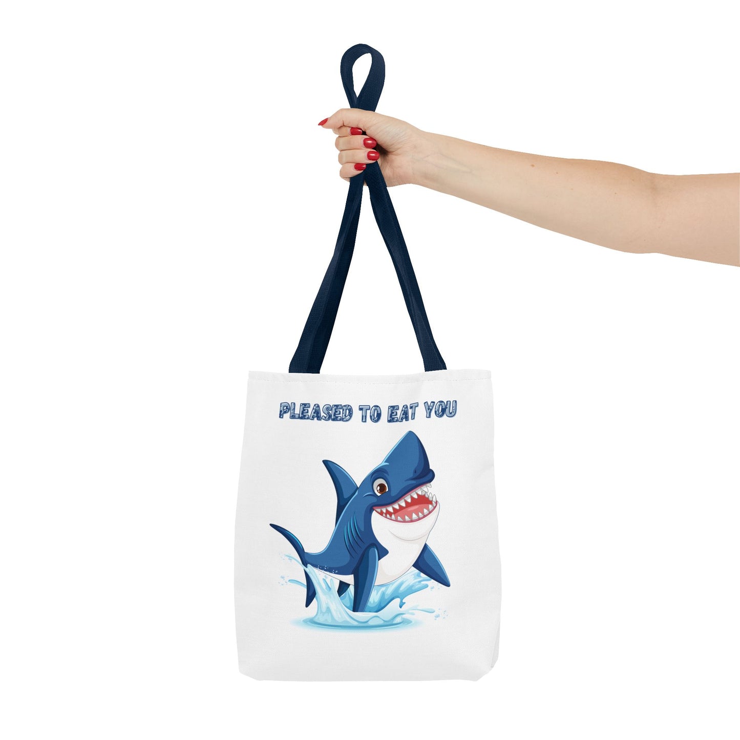 Humorous cartoon shark with threatening text Tote Bag