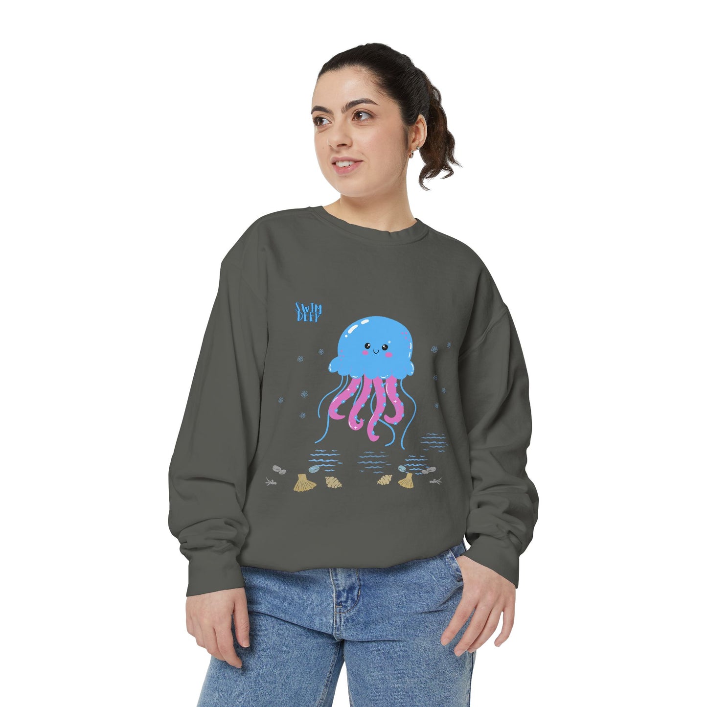 Blue jellyfish with pink tentacles Unisex Garment-Dyed Sweatshirt