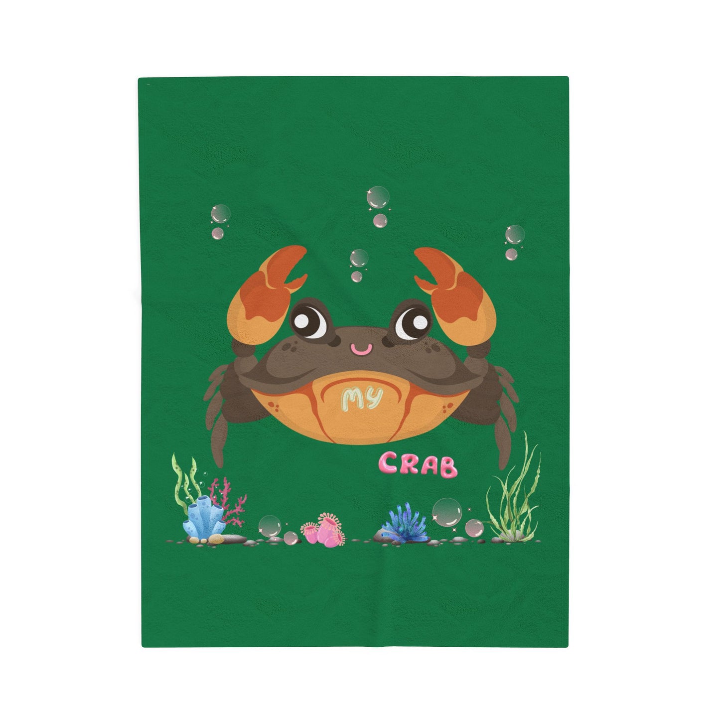 Crab with subtle bubbles and underwater flora Velveteen Plush Blanket