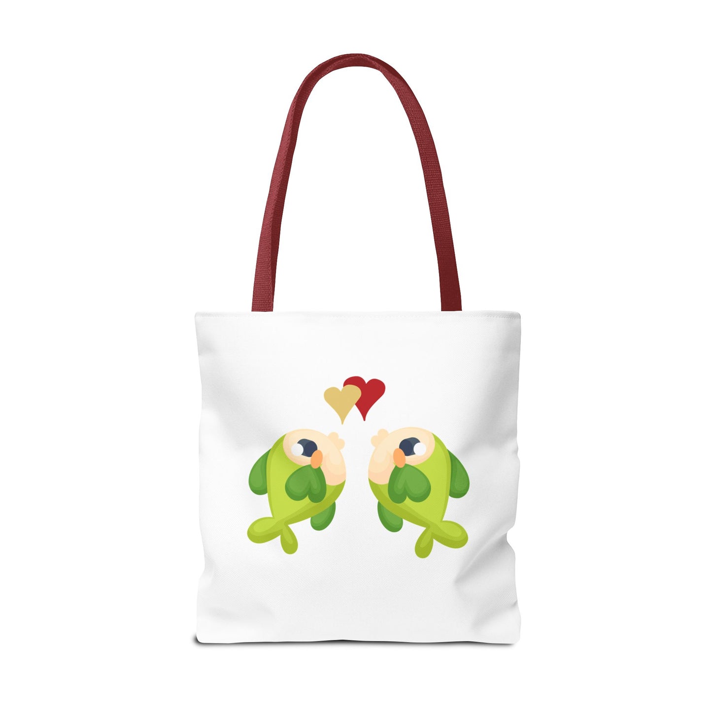 Two hearts float between the fish one red and one yellow. Tote Bag