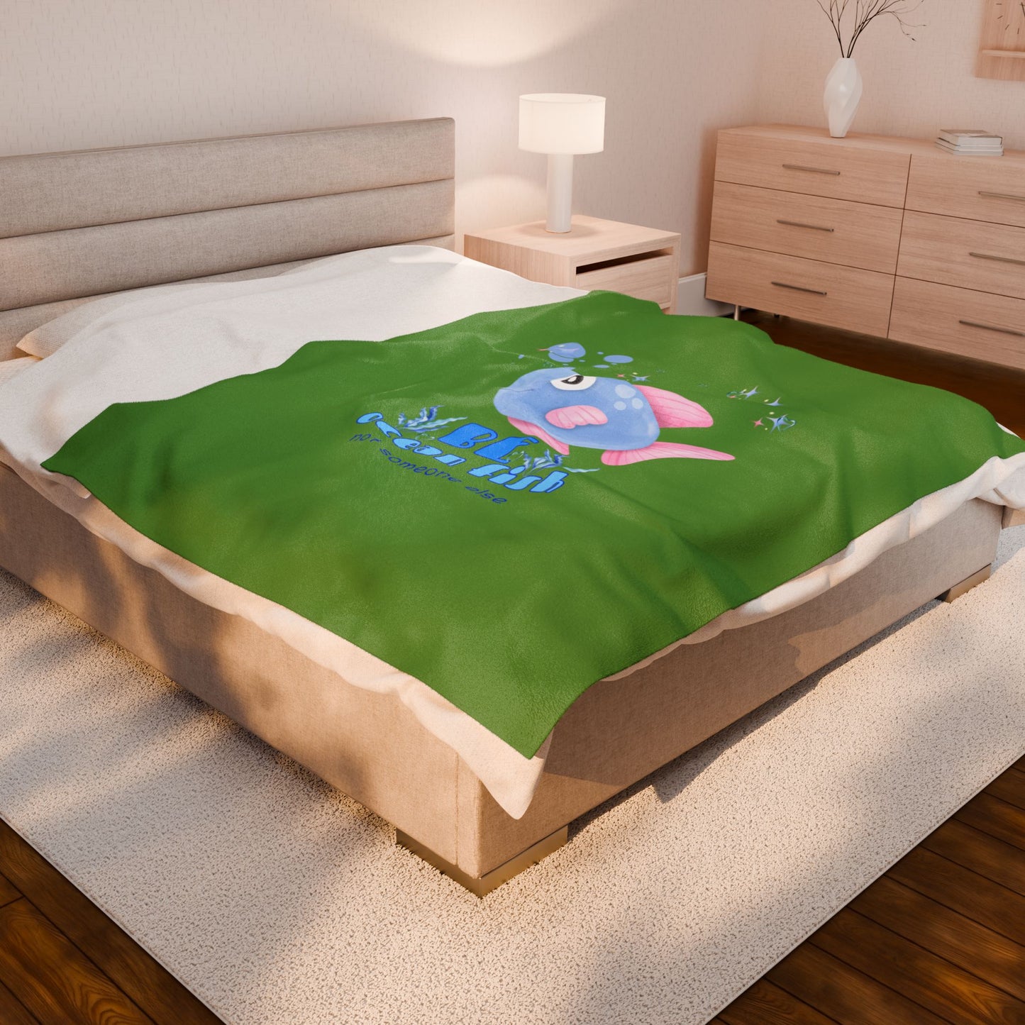 Cute cartoon fish with pink fins and bubble Velveteen Plush Blanket
