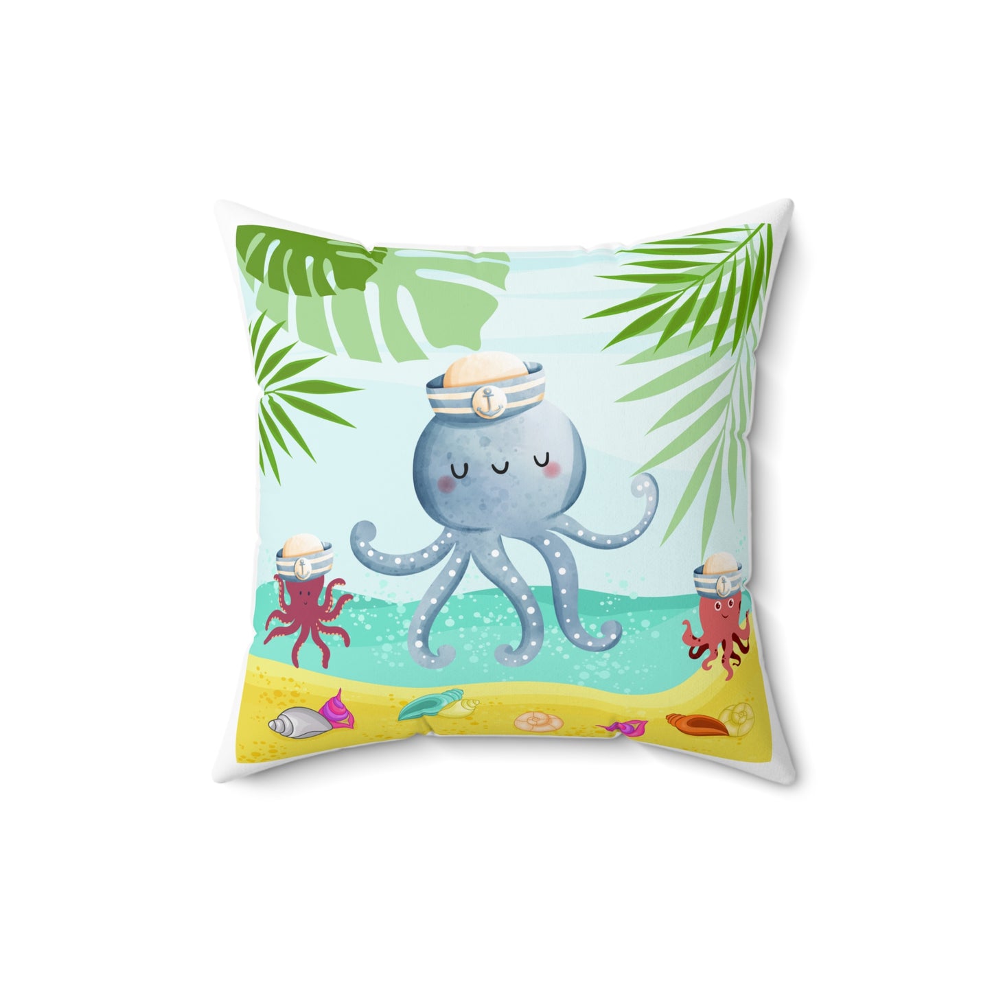 Octopus on a beach scene with tropical Spun Polyester Square Pillow
