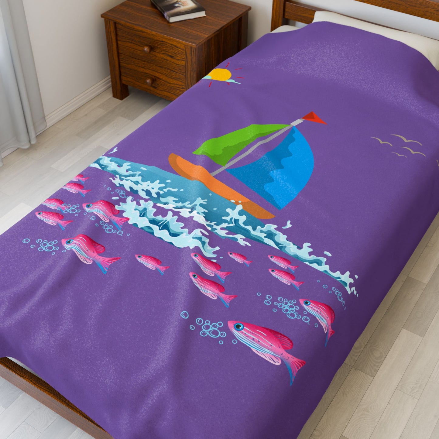 Sailboat and Red fish Velveteen Plush Blanket