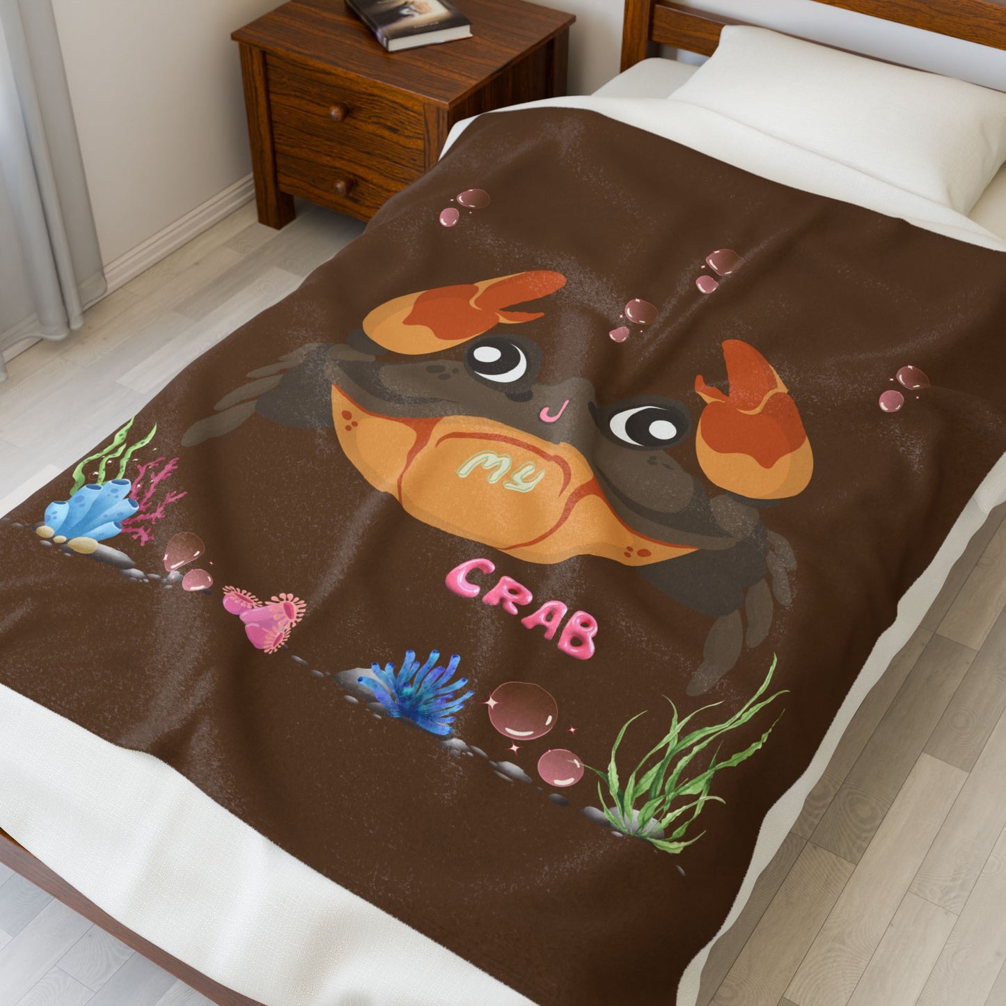 Crab with subtle bubbles and underwater flora Velveteen Plush Blanket