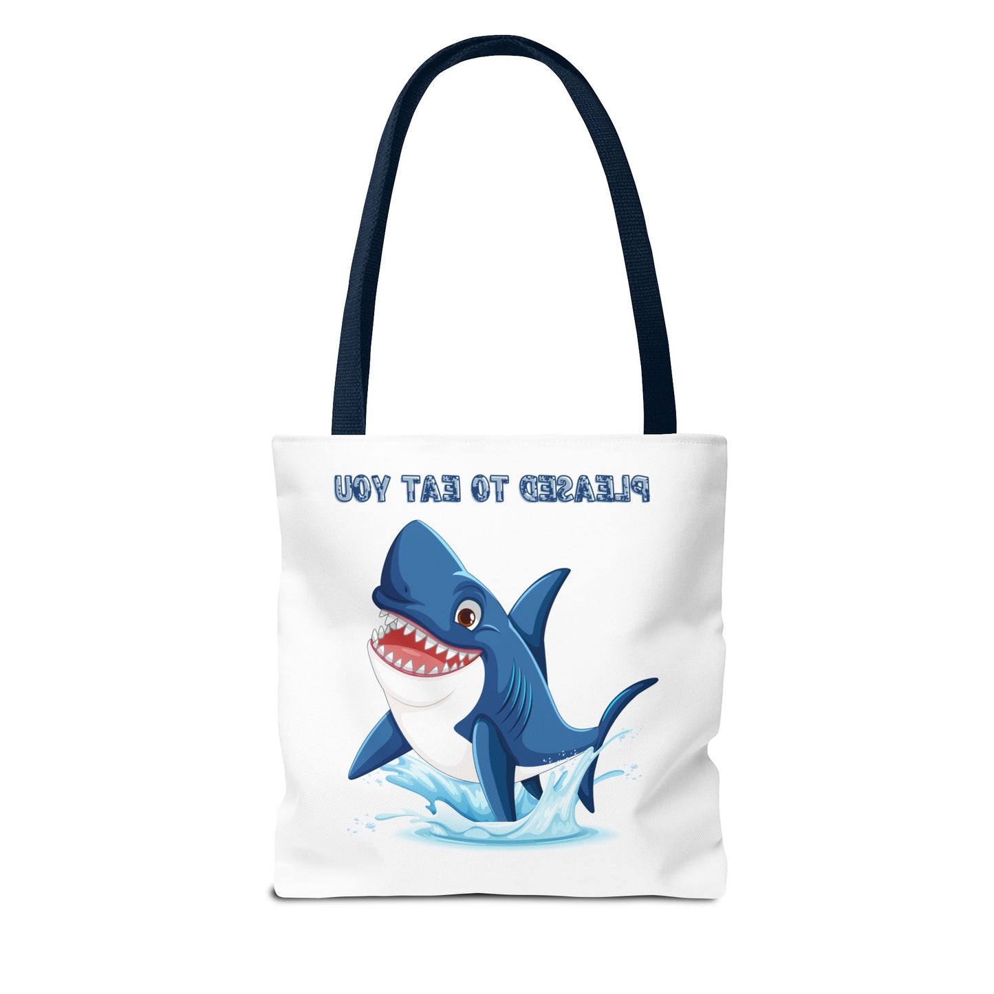 Humorous cartoon shark with threatening text Tote Bag