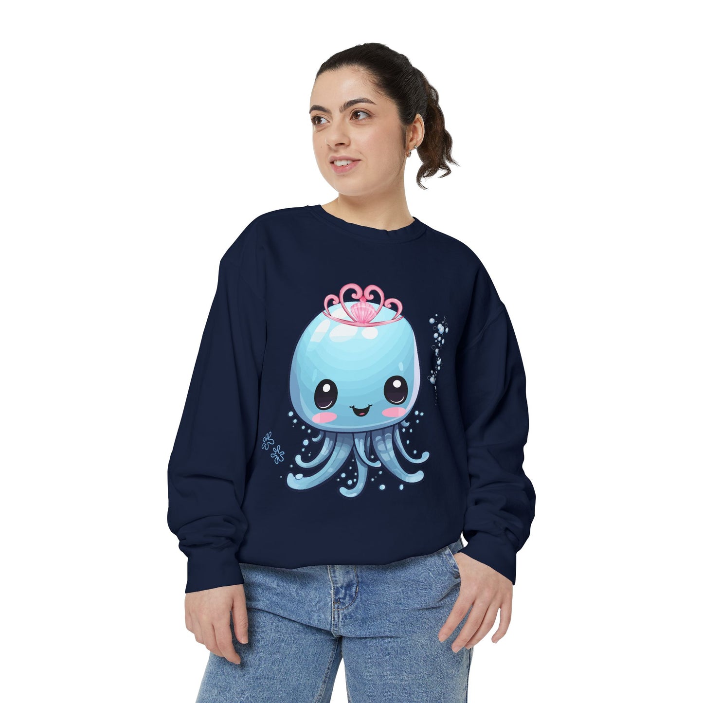 Blue jellyfish with a pink tiara Unisex Garment-Dyed Sweatshirt
