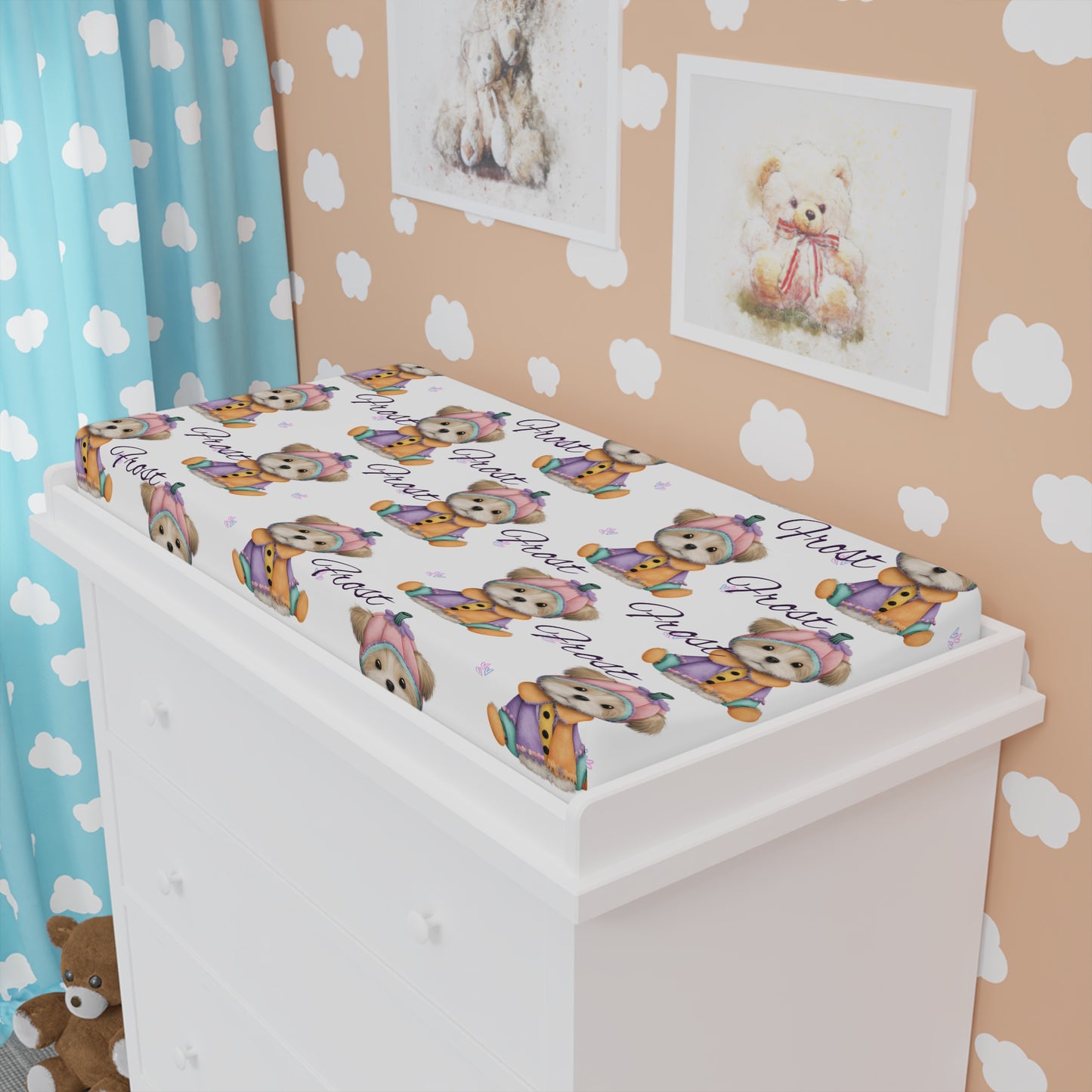 Changing Pad Cover — Cute Teddy Bear Pattern with Name "Grace" | Baby Nursery Accessory