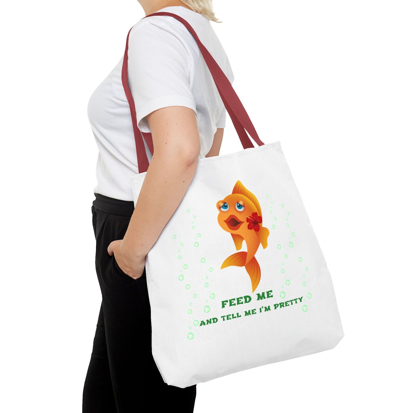 Cartoon goldfish with red lips and flower Tote Bag